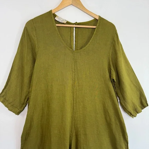 Puro Lino Italian Linen Wide Leg Jumpsuit Olive Green M Relaxed Lagenlook - Picture 2 of 15